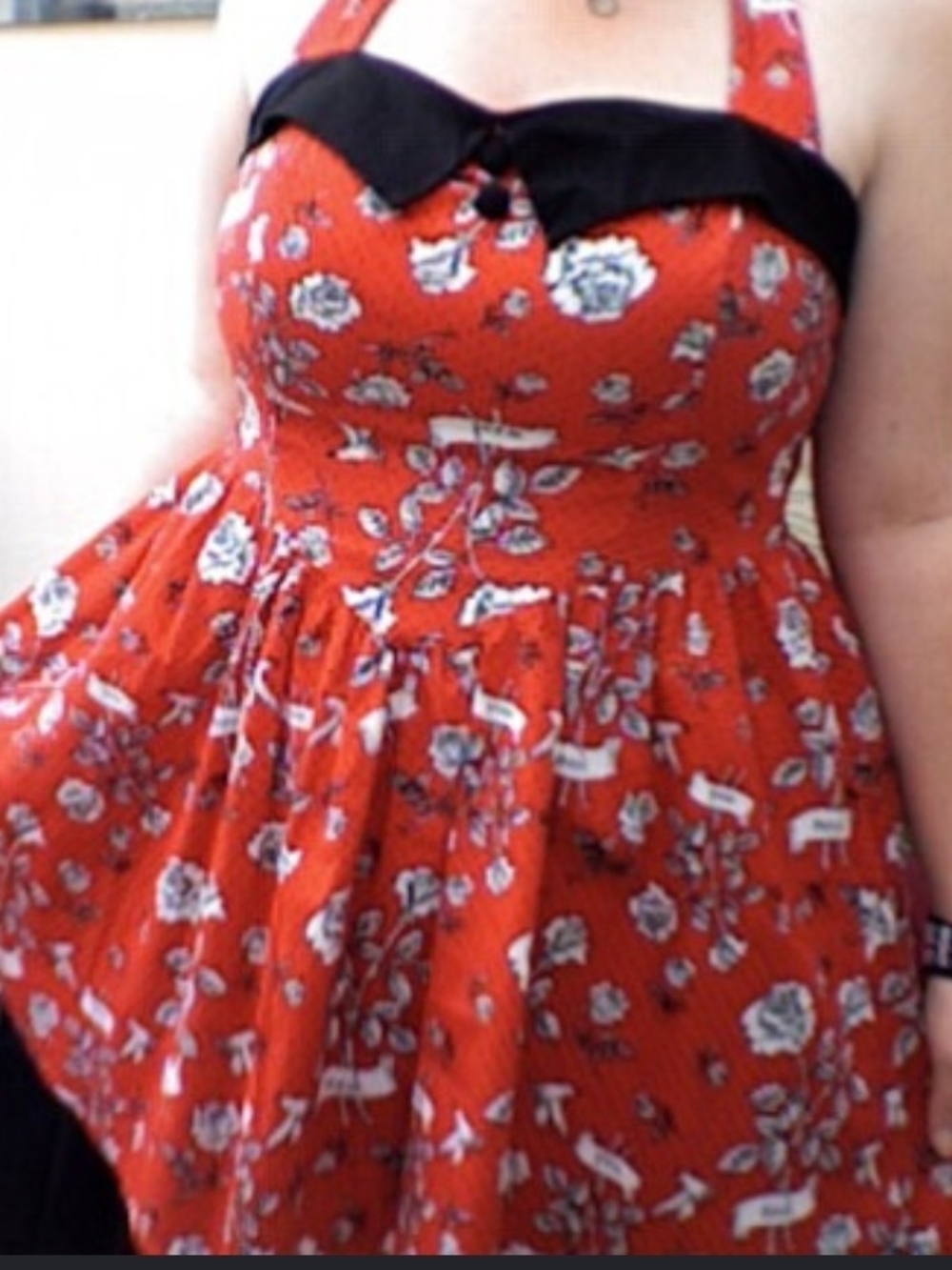 Red Floral Halter Sundress with Black Sweetheart Trim